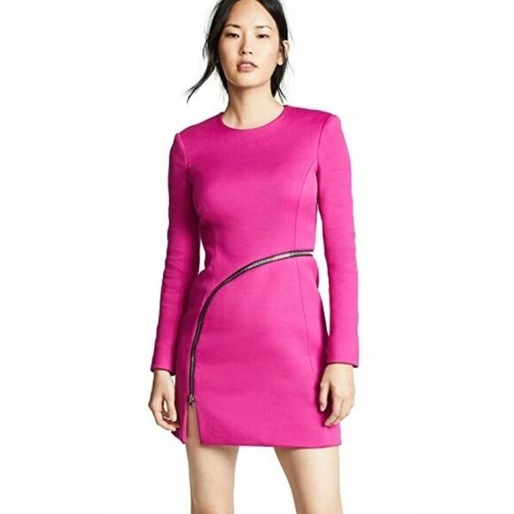 Alexander Wang Fuchsia Long Sleeve Mini Dress Asymmetric Zip Cotton Blend sz 2 - Picture 3 of 15
